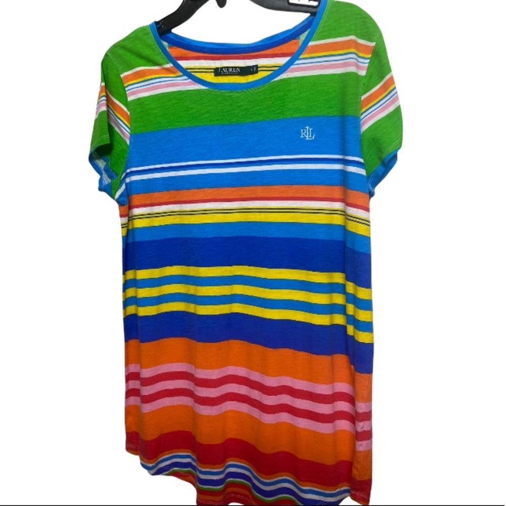 LAUREN Ralph Lauren Multi-Colored Striped T-Shirt Dress..Size:Large